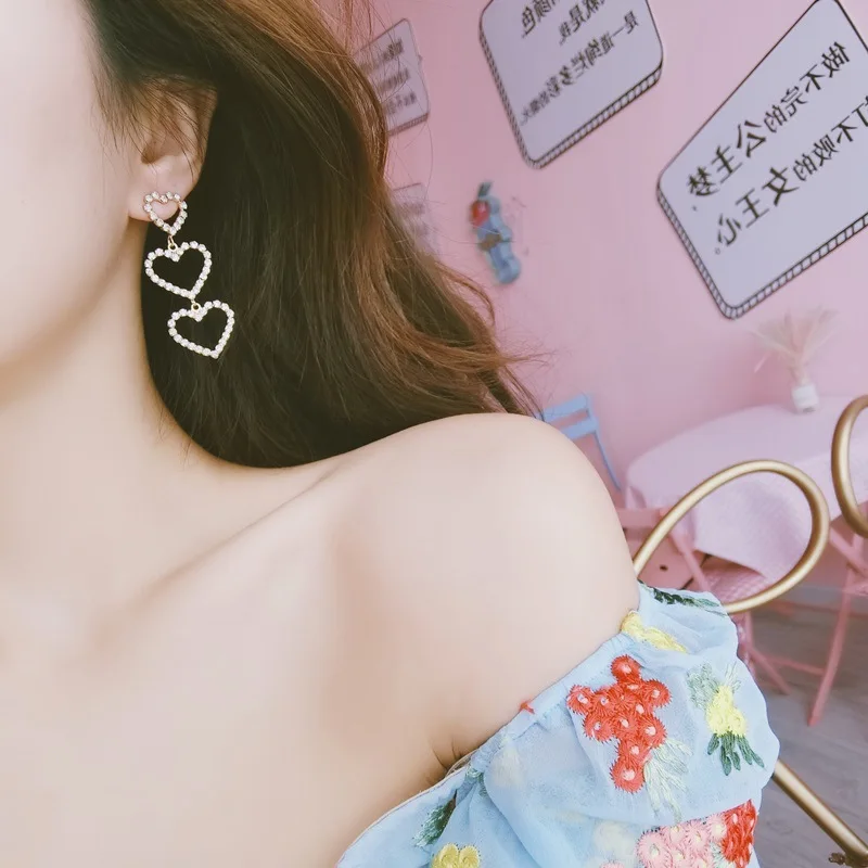 925 Silver Needle Korean Fashion Diamond Heart Earrings Long Drop Earings Boucle D'oreille Femme 2019 Pendientes Mujer Mode |