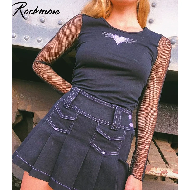 

Rockmore Gothic Fishnet Mesh Sleeve Crop Tops Women Tshirt Heart Embroidery Tee Shirt Femme Casual Patchwork T-shirt Streetwear