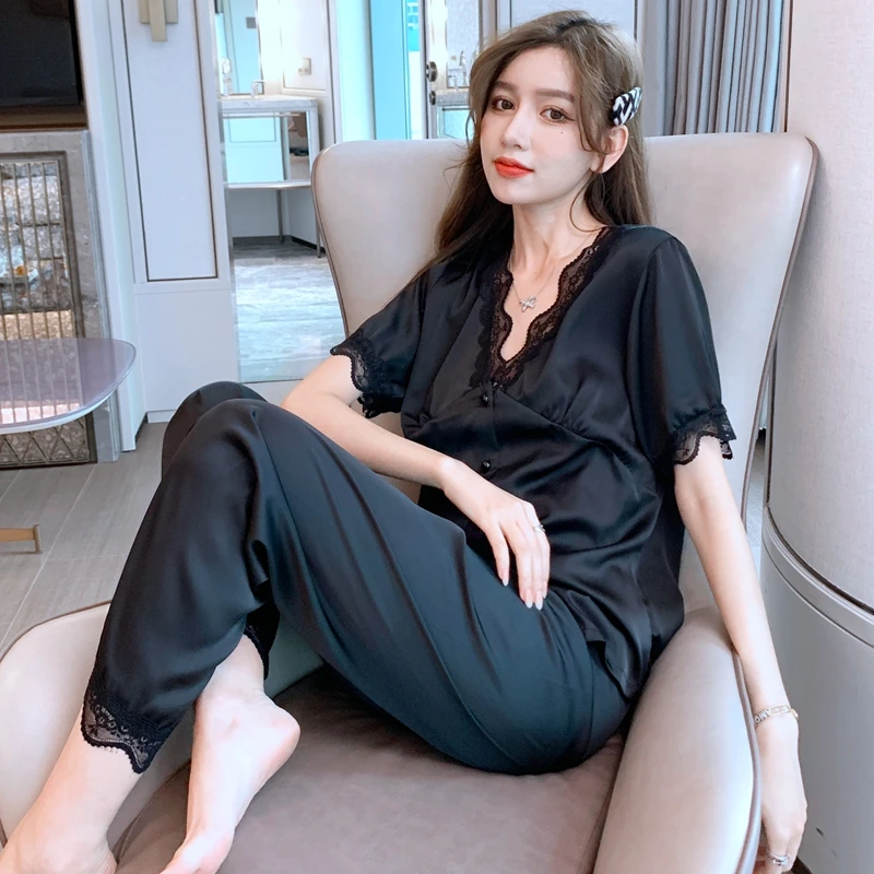 Women Sleepwear Summer Pyjamas Silk Nightgown Sexy Nighty Plus Size Lapel Loose Version Pajama Set High Quality