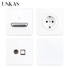 Кнопочный переключатель UNKAS 1 2 3 4 Gang 1 2 Way Reset, светодиодный индикатор, белое стекло, ЕС, французский телевизор, компьютер, телефон, переключатель, выход 86 мм