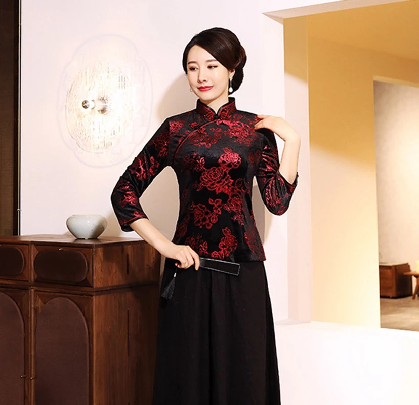 Китайский традиционный стиль осень зима бархат cheongsam женский короткий параграф семь точек рукав принт Тан костюм рубашка