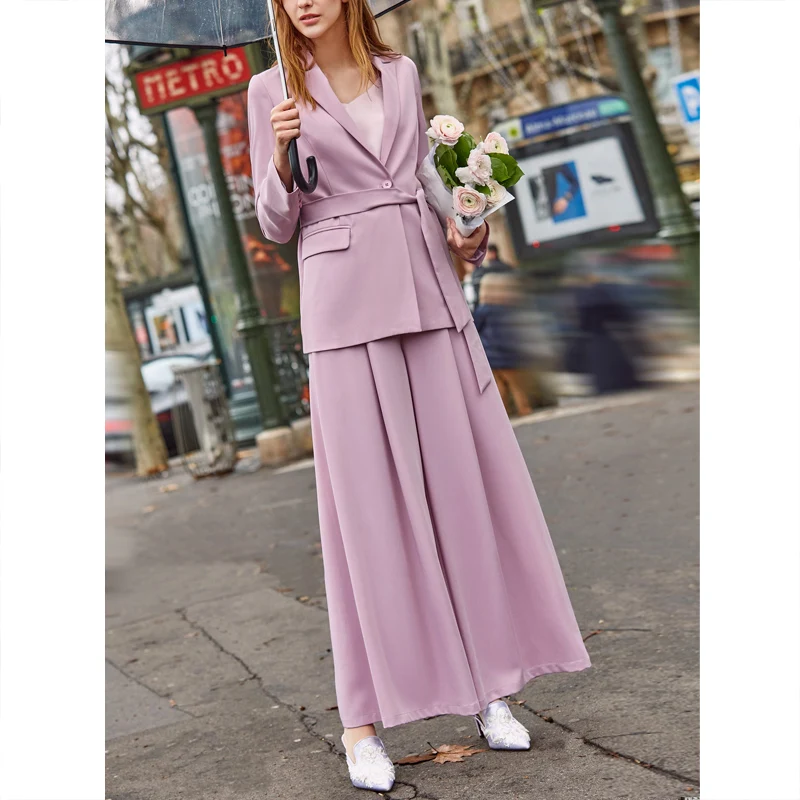 Amii Office Lady Two Piece Set Spring Women Fashion Solid Long Sleeve Lace Up Blazer Wide Leg Pants 11940067 |