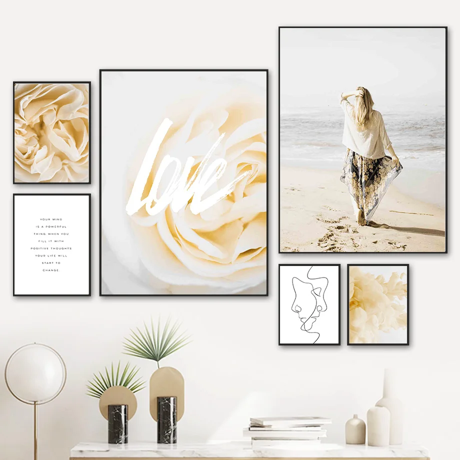 

Sea Wave Beach Gold Rose Flower Line Quote Wall Art Canvas Painting Nordic Poster And Prints Wall Pictures For Living Room Decor