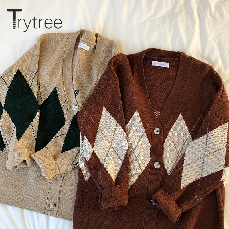 Trytree 2019AW Women Casual Sweater V-Neck Cardigans Single Breasted Computer Knitted Acrylic Long Sleeve Loose Tops |
