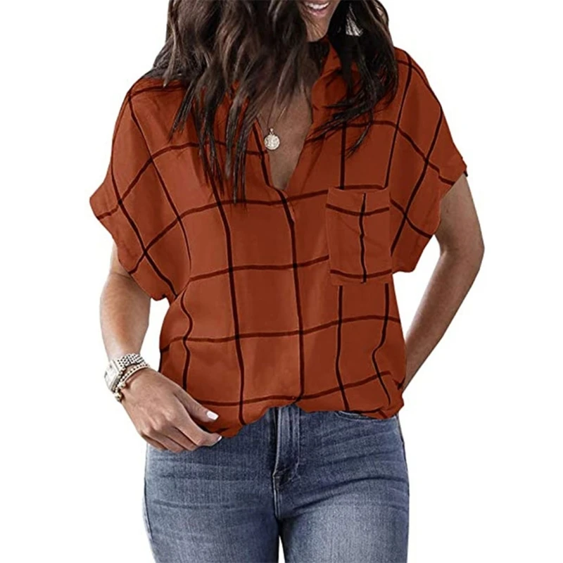 

LXAE Women Casual V-neck Short Bat Sleeve Shirts Loose Plaid T-Shirts Blouses Summer Pullover