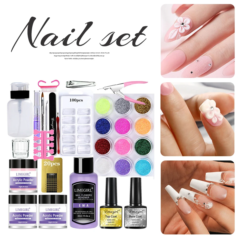 

Acrylic Powder Nail Kit with Base Top Coat Glitter Nail Starter DIY Set for Nail Extension Carving Manicure Set No Cured Needed