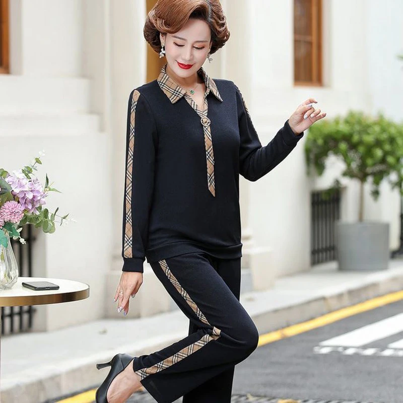 

Two Piece Set Korean Women Elegant Plus Size 5XL Outfit Plaid Spliced Pullover T-shirt Suit Casual Loose Capris Pants Outfits