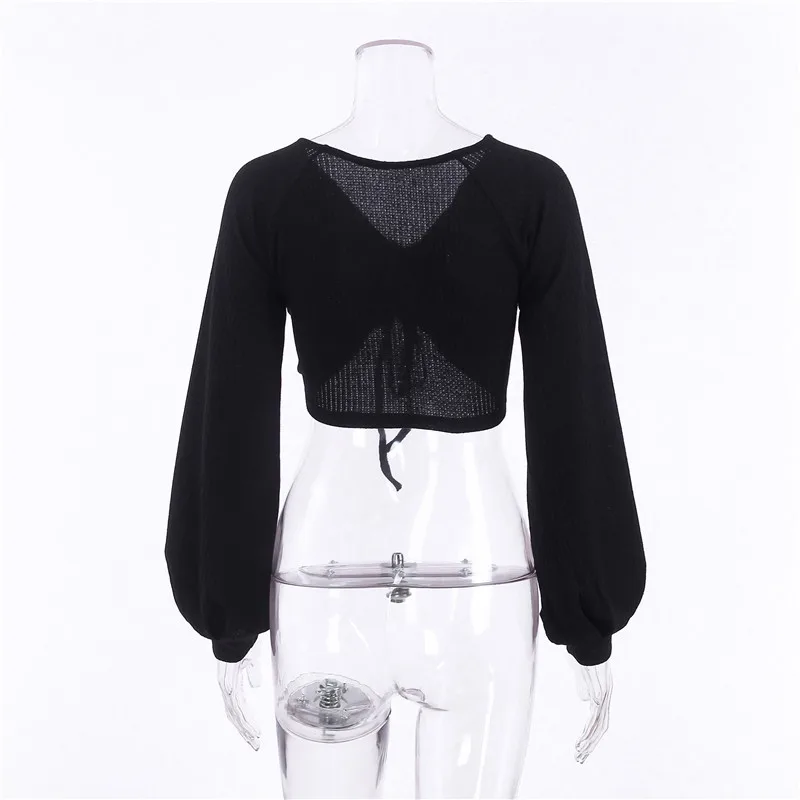 

2021 New Spring and Autumn New Women's Korean Solid Color Top Lantern Sleeve V-neck T-shirt Crop Women's Strapless Knitwear