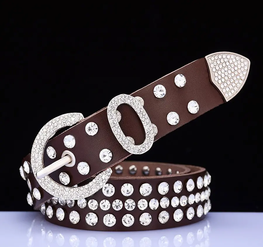 Fashion genuine leather rhinestone belts for women Luxury shining silver ring Pin Buckle belt female jeans strap width 2.8 cm