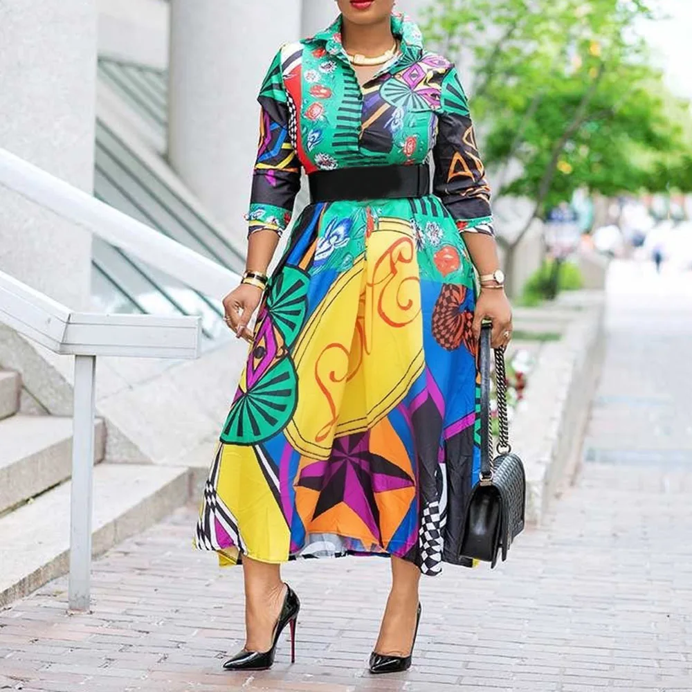 Женское платье миди с принтом в африканском стиле рубашка высокой талией