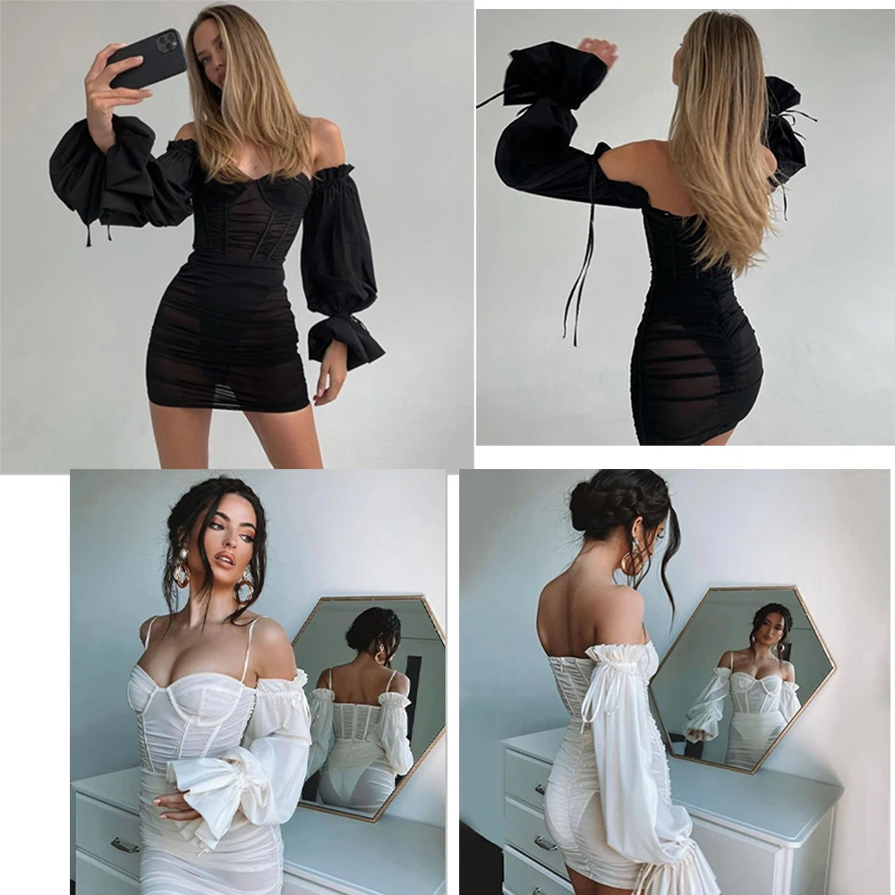 

JIASHIYU 2021 Elegant Mesh Sexy dresses long sleeve Double Layer Bodycon short Robe autumn and winter Party Vestidos Streetwear
