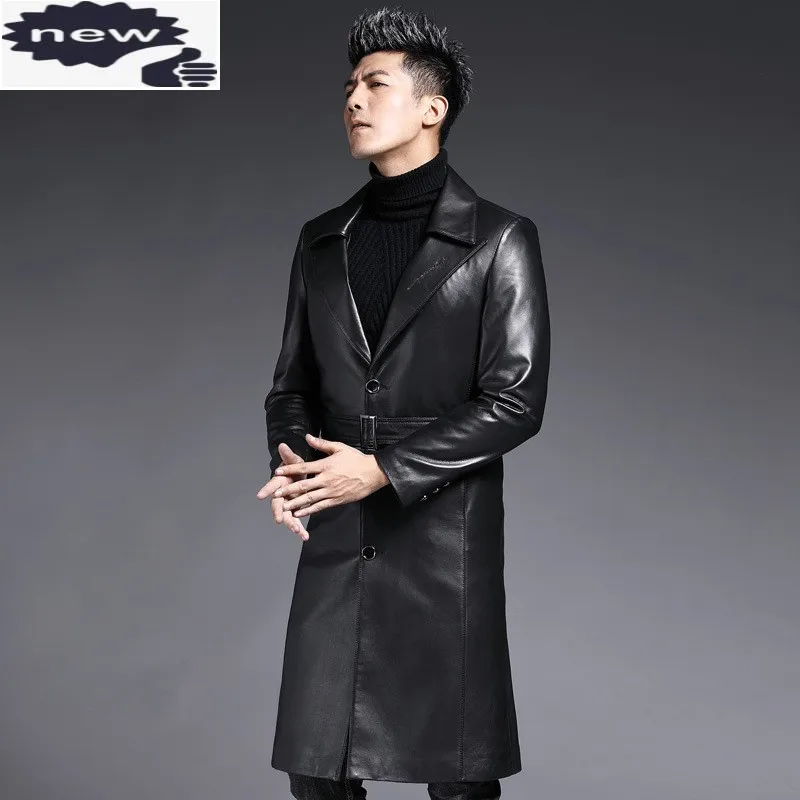 

Брендовые мужские настоящие кожаные ботинки из овечьей кожи; Ветровки; Сезон осень-зима бизнес лацкане с длинным куртка модное однобортное пальто размера плюс