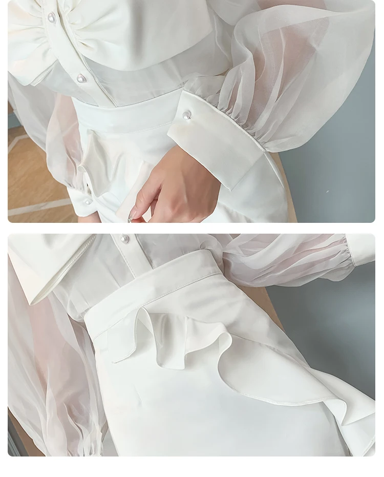 Женский костюм-двойка белая рубашка с длинным рукавом и бантом мини-юбка осенний