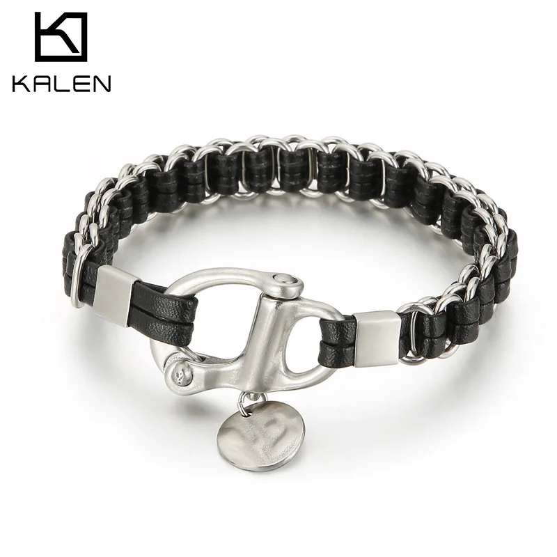 

Kalen 12mm Punk Style Cowhide Braided Chain Big Lock Trend Stainless Steel Men's Bracelet Gothic Jewelry