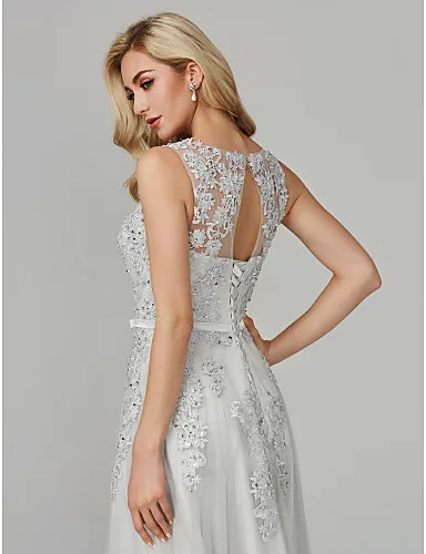 Erosebridal Элегантные Формальные платья Вечерние серые кружевные вечерние платья с бисером для женщин, длинное вечернее платье со шнуровкой сзади
