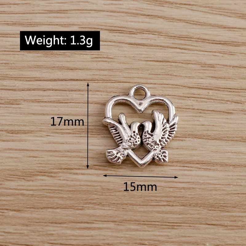 

20pcs 15*17mm Couple Love Birds Charms Jewelry DIY Silver Color Heart Charms Pendants Fit Bracelets Earrings Accessories Making