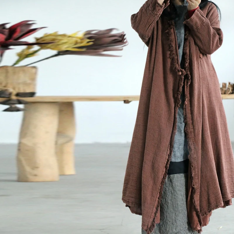 

Johnature Women V-neck Vintage Trench Coats Loose Windbreaker 2021 Autumn 3Colour Plus Size Women Clothes Torn edges Trench Coat