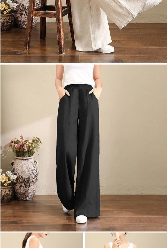 

Pure Linen Large Size Wide Leg Pants Women Drawstring Elastic Waist Cotton