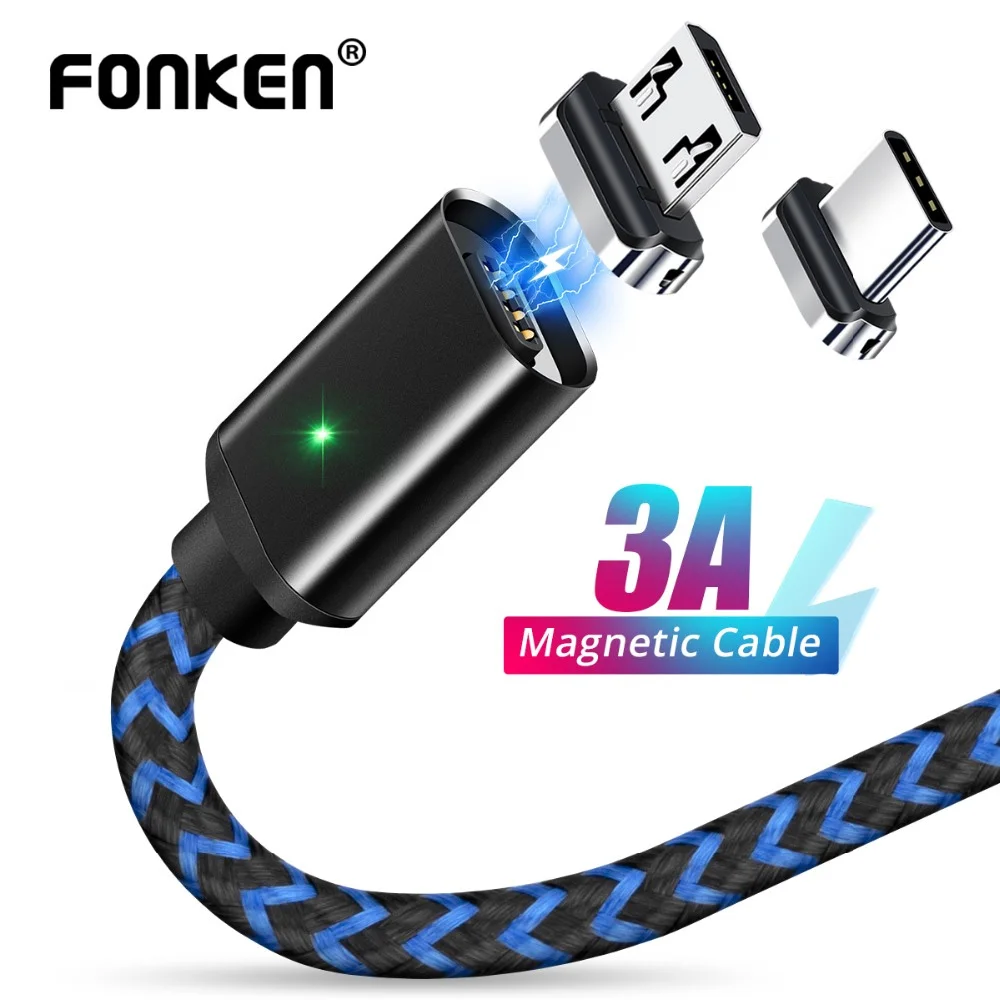 FONKEN Магнитный usb-кабель Micro USB type C Магнитный кабель для телефона 1 м 2 м светодиодный Быстрый Магнитный зарядный кабель Mini usb C зарядный шнур