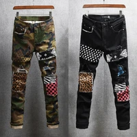 american streetwear fashion men jeans slim fit elastic cotton patches designer printed ripped denim punk pants hip hop trousers
