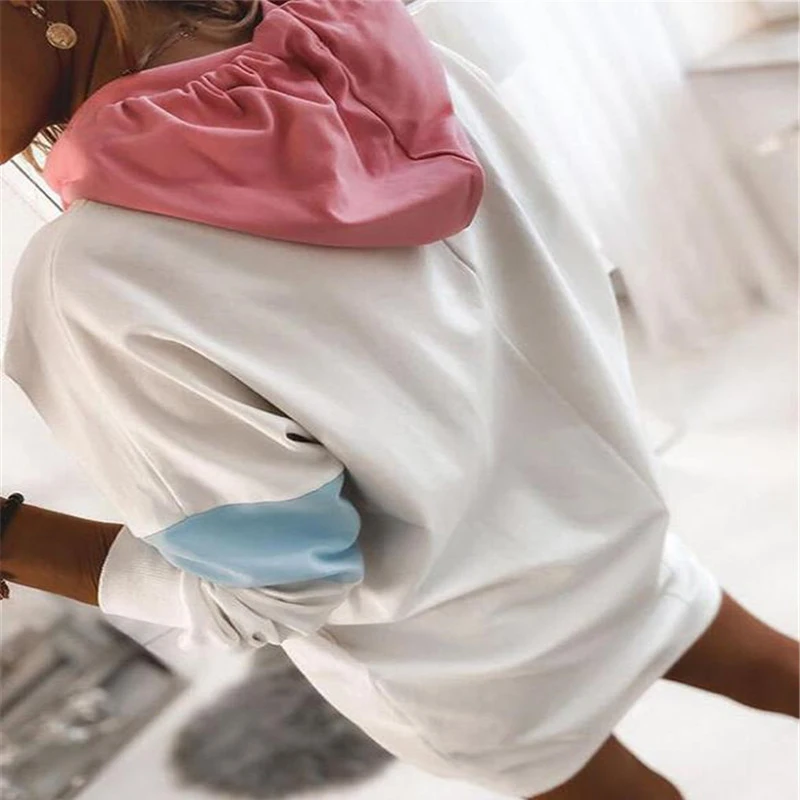 

Women Autumn Loose Long Hooded Sweatshirt Winter Female Casual Long Sleeve Pocket Pullover Hoodies Tops Color Spliced Hoodies