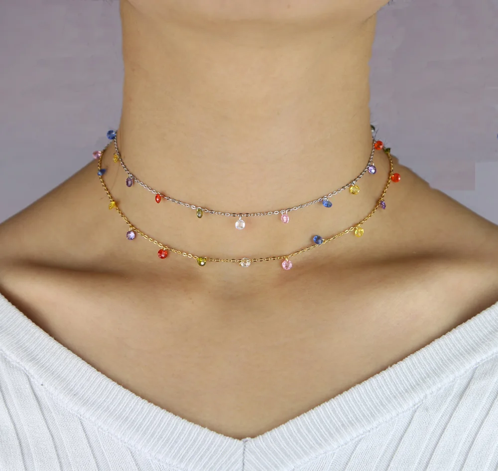 

minimal delicate choker for women rainbow colorful cz charm 3210cm short dainty chain necklaces