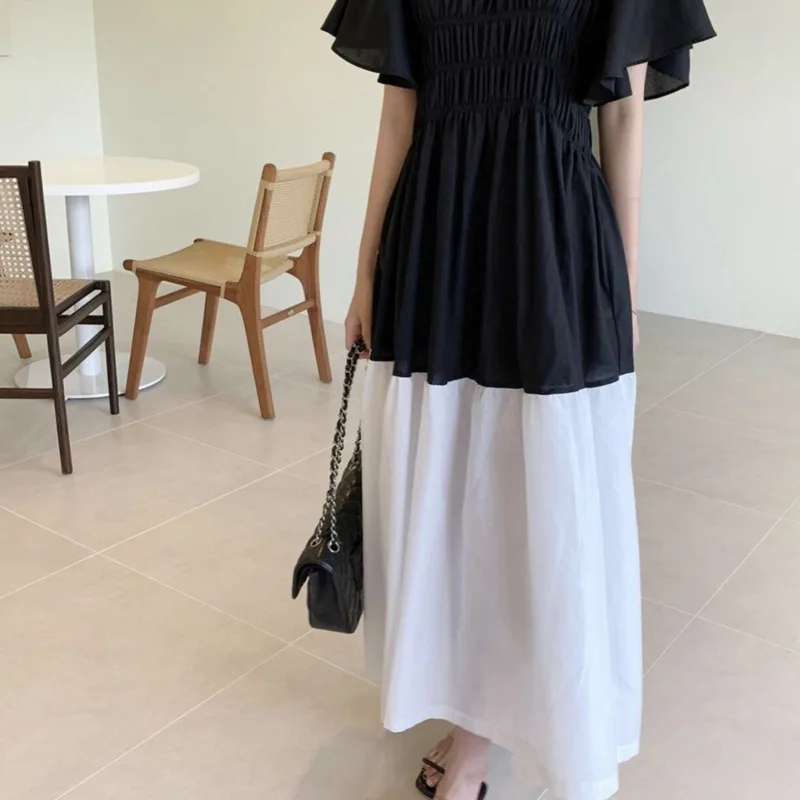 Женское плиссированное платье [EWQ] корейское с круглым вырезом и расклешенными