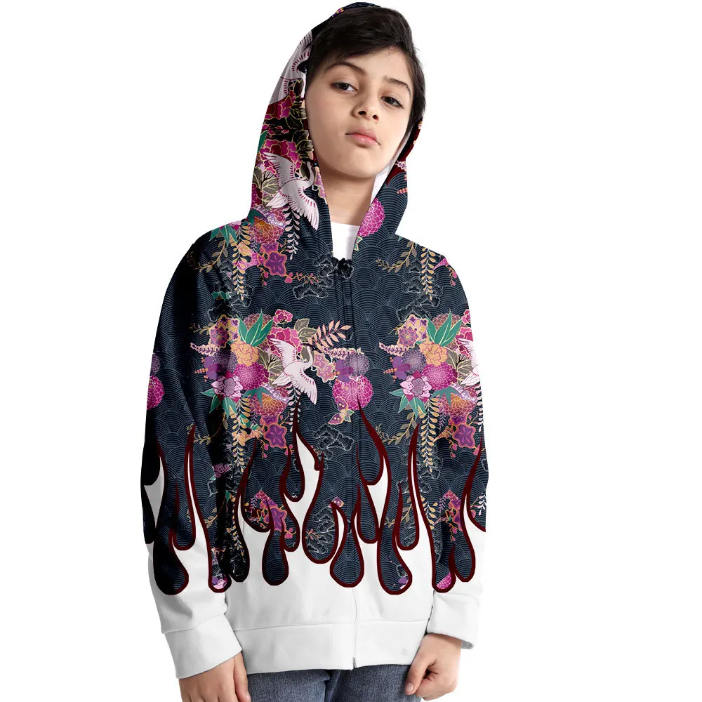 

Zipper Cardigan Hoodie New in Autumn and Winter Tie Dye Flame 3D Printing Children's Student Casual Hoodie Thin Fleece