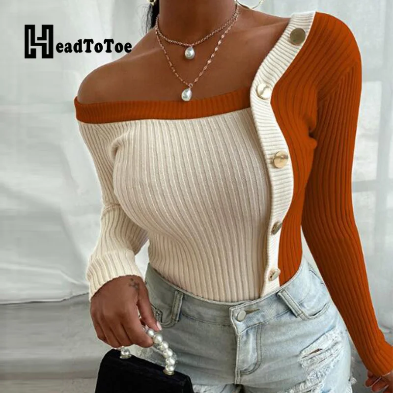 

Colorblock Button Design Long Sleeve Knit Sweater Women Casual Pullover Tops