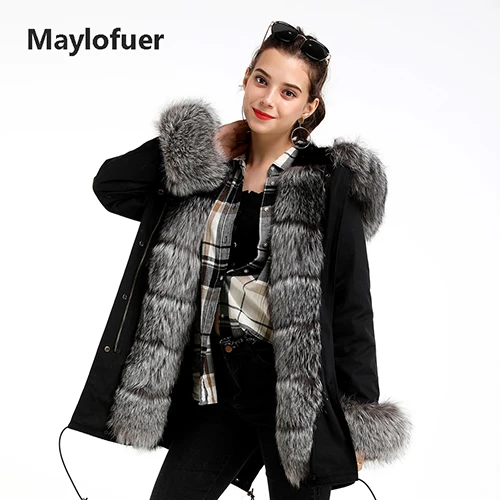 Maylofuer с капюшоном натуральная черно-бурая лиса меховая парка съемный мех кролика рекс лайнер жакет, женский пиджак с манжеты из лисьего меха на рукавах - Цвет: mink liner