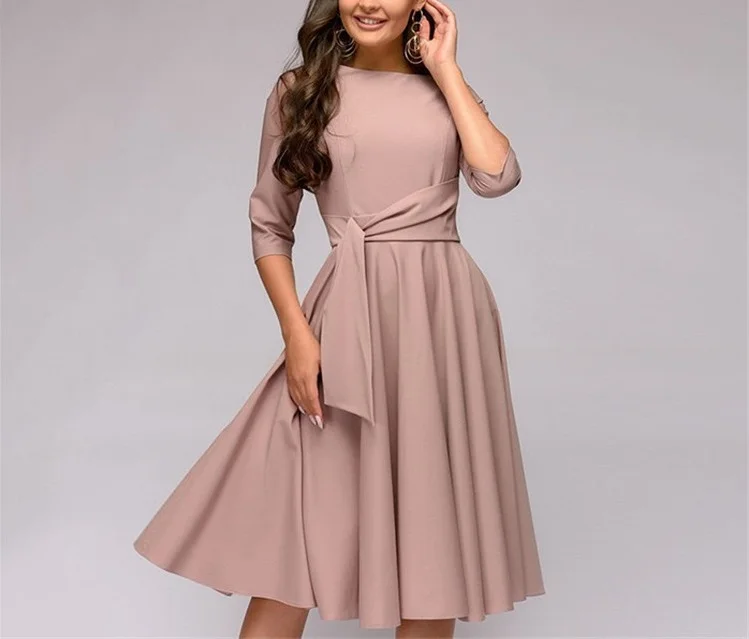 Женское платье-миди с круглым вырезом рукавом 2019 и поясом | Женская одежда