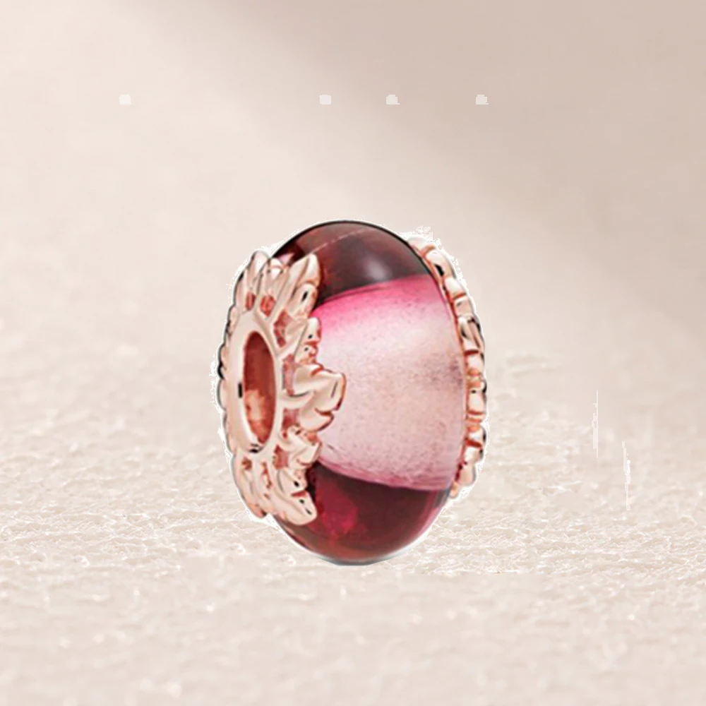 

788244 Rose Pink Murano Glass and Leaves Charm