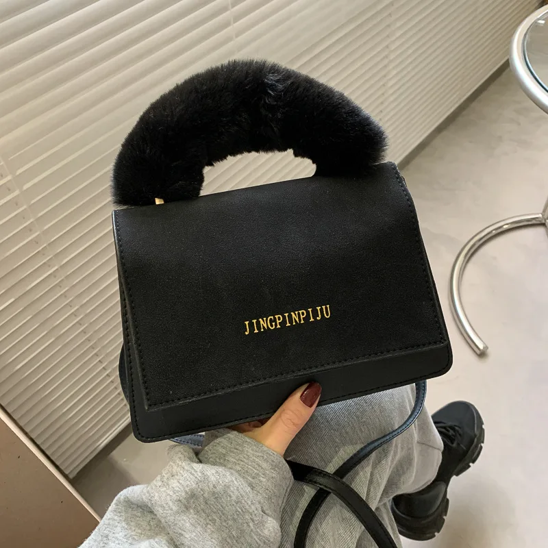 Plush Handle Winter Trend Women Handbag Frosting Pu Fashion Shoulder Bag for Ladies Shopping Phone Letter Crossbody Bag