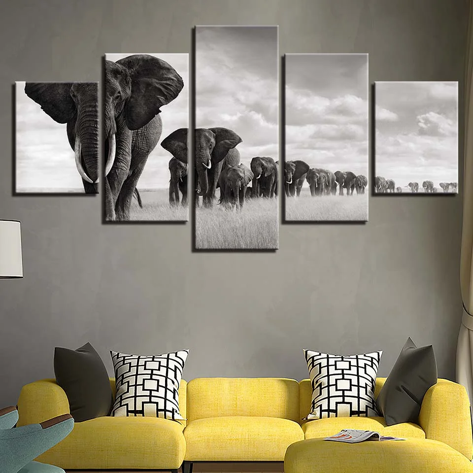 

5 Panel Elephants Landscape Posters HD Wall Art Framework Canvas Pictures Modern Paintings Home Living Room Decoration Printed