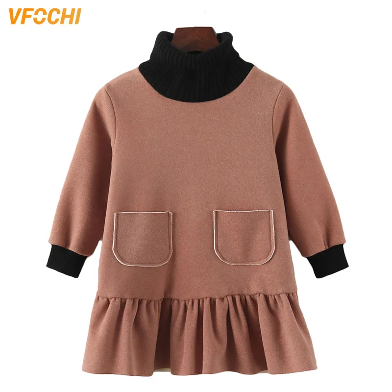 Brown VFOCHI/ новое шерстяное платье для девочек зимнее плотное детское Повседневное платье с высоким воротом и длинными рукавами теплая детская одежда платья для маленьких девочек - Цвет: Brown