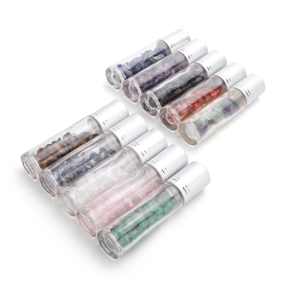 

10ml Gemstone Essential Oil Bottles Refillable Roll-On Roller Storage Bottle Healing Crystal Chips Semiprecious Stones Bottles