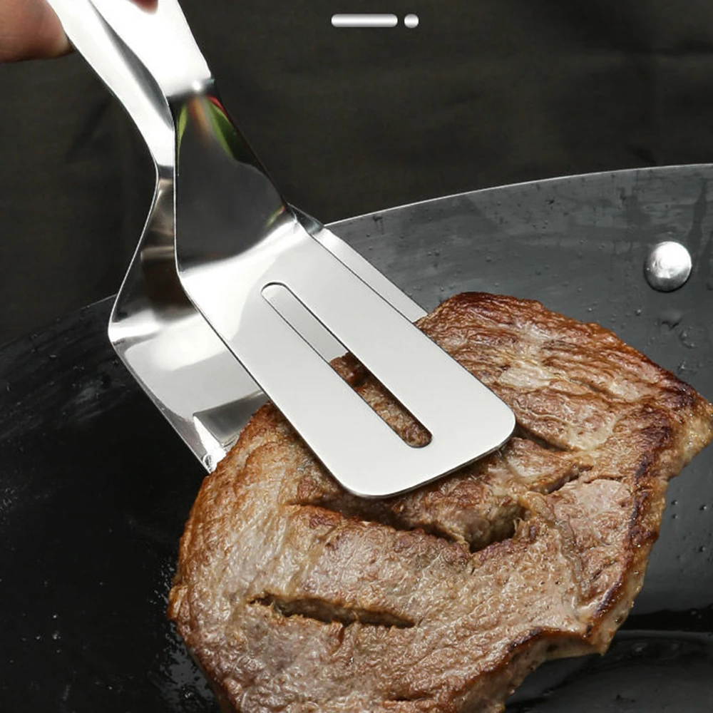 

Multifunctional Stainless Steel Food Flipping Spatula Tongs Clip For Beefsteak Bread Hamburger BBQ Meats Pizza Pies Bread Fish