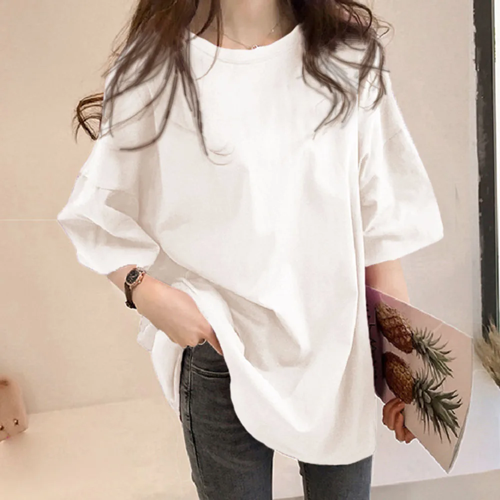 

2021 Summer New Women's Japanese Style Korean Fashion Solid Color Mid-length Round Neck Summer Shirt Loose Casual