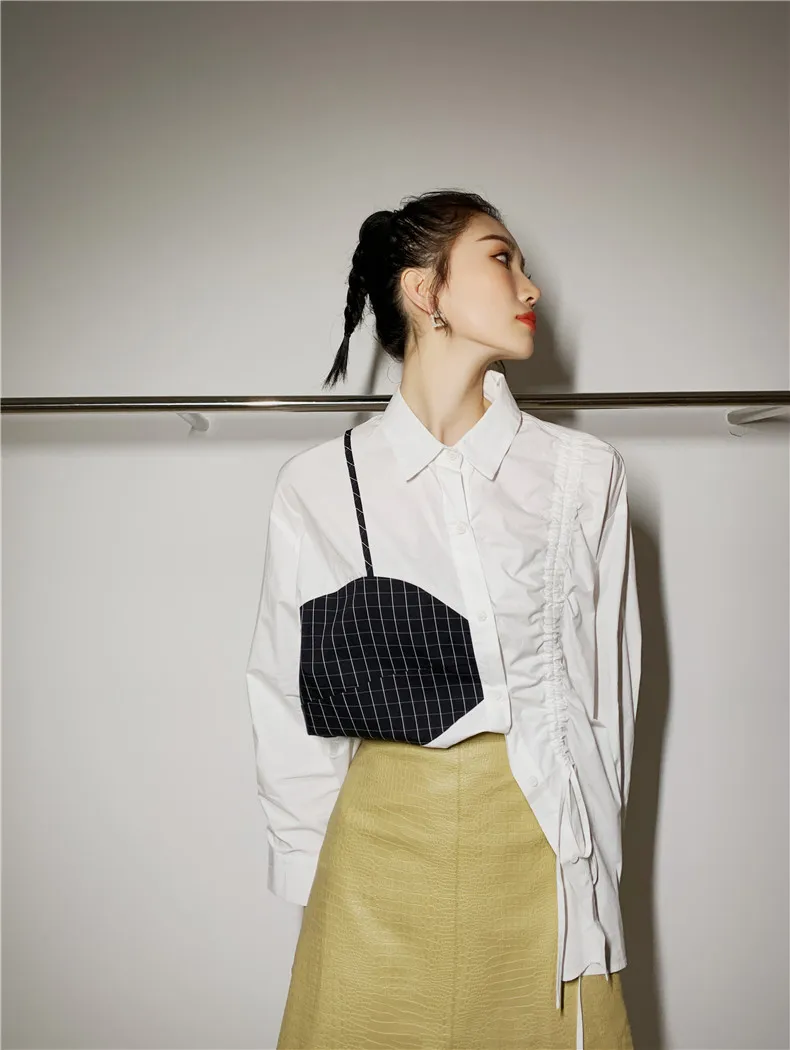 

Minimalist casual patchwork Turn-down Collar loose Tops patchwork fashion Spring Summer Blouses HK230