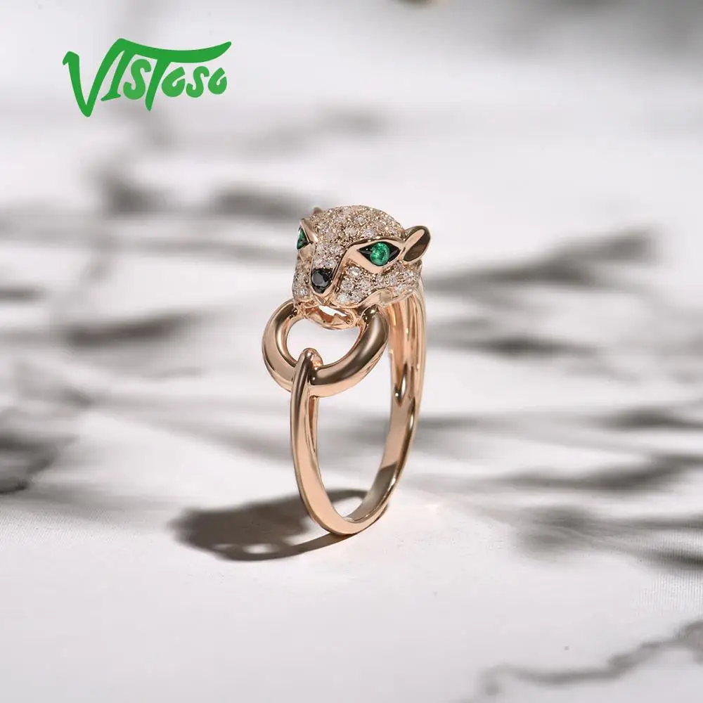 VISTOSO, золотые кольца для женщин, Настоящее 14 к, 585 розовое золото, леопард, кольцо, изумруд, сверкающий бриллиант, помолвка, юбилей, хорошее ювелирное изделие