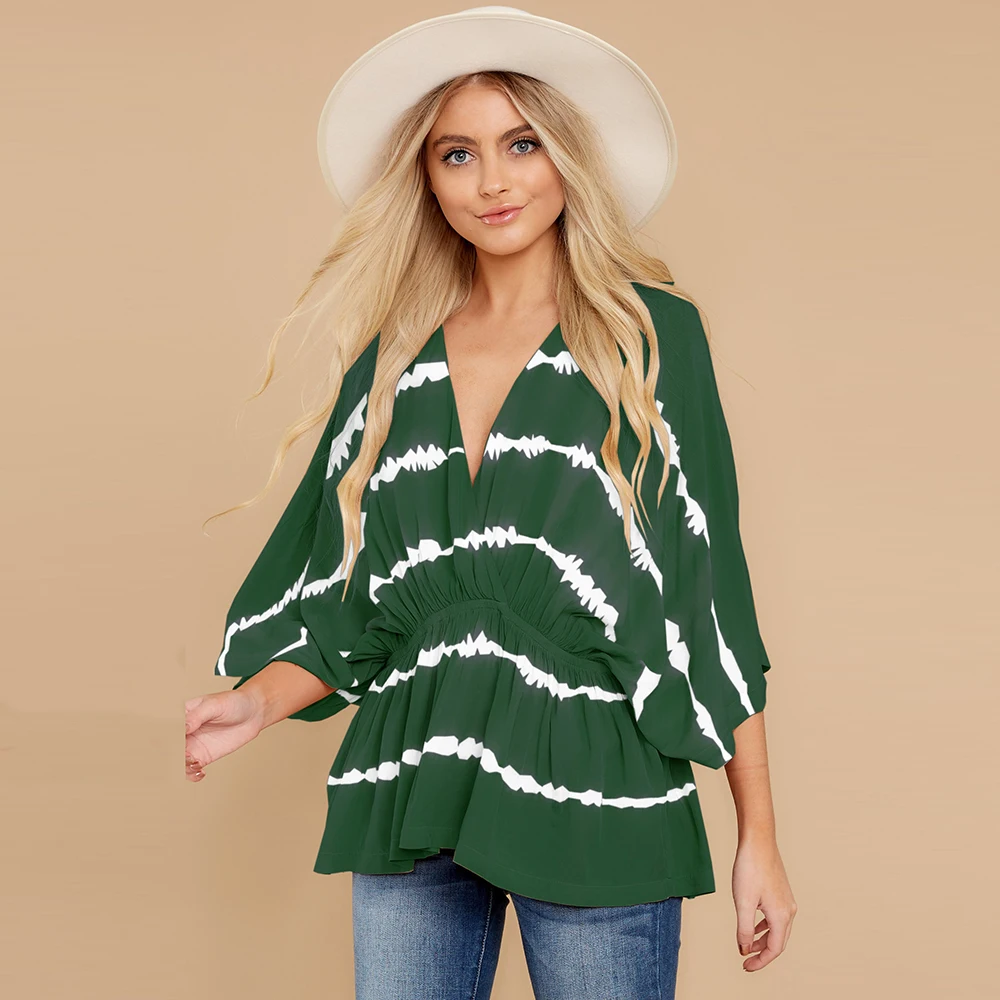 

TRODEAM 2021 New Spring Summer New Women Plus Size V Neck T shirts Bat Sleeves Three Quarter Causal Stripe Woman Tops Fashion