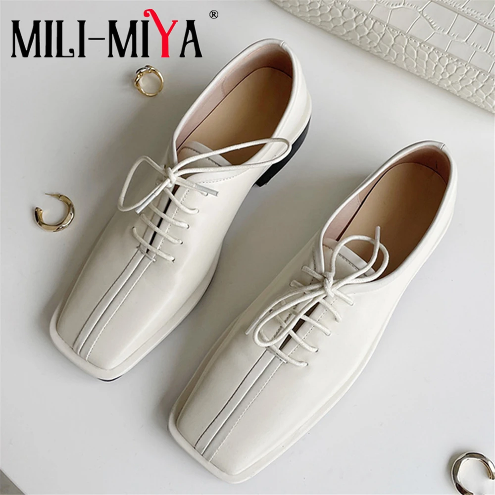 

MILI-MIYA New Arrival Women Cow Leather Pumps Solid Color Lace Up Square Toe Thick Heels Office Career Shoes Size 34-40