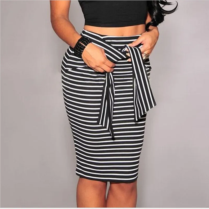 

2021 Summer Sexy Slim Tight Pencil Skirt Ladies Striped Skirt Knee Tie Skirt White Black
