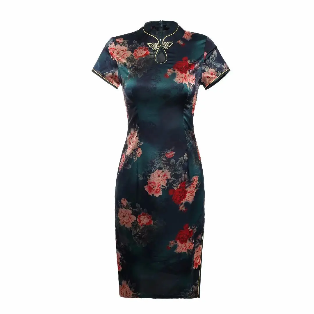 

Female Summer Retro Flower Print Novelty Cheongsam Short Sleeve Exquisite Slim Qipao Elegant Mandarin Collar Chinese Dress