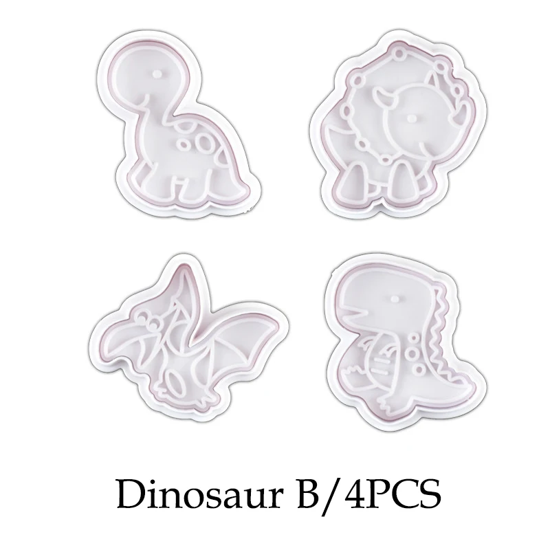

4PCS Dinosaur Cookies Cutter Mold Dinosaur Biscuit Embossing Mould Sugar craft Dessert Baking Silicone Mold for Soap chocolate
