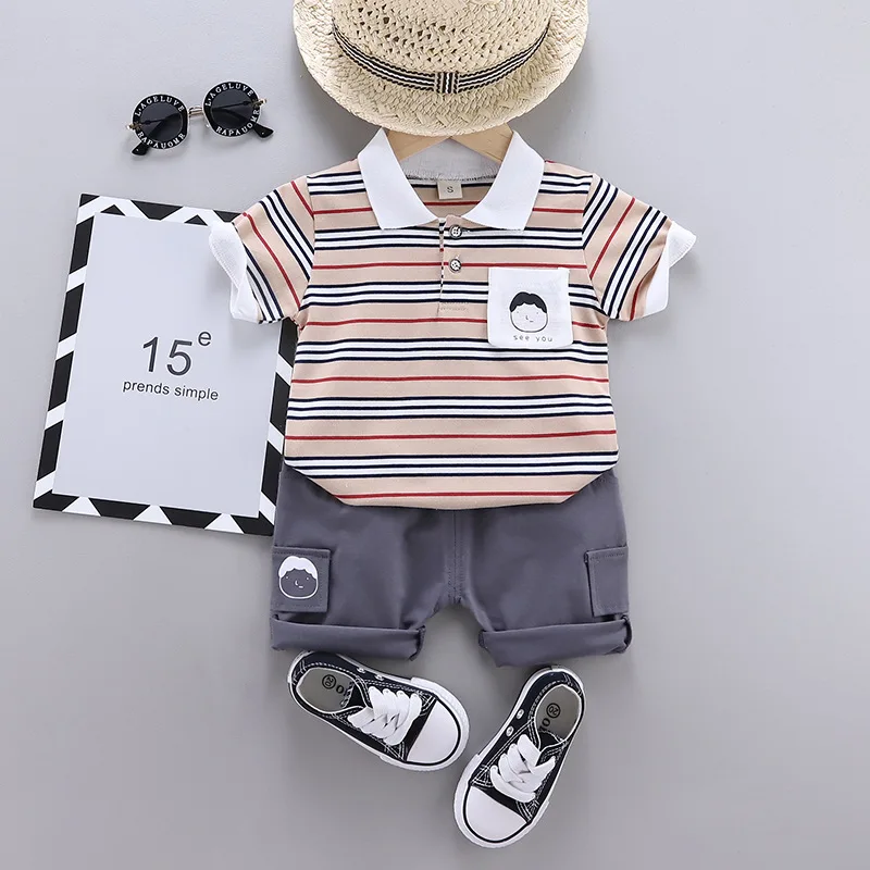 

2020 new baby boy clothes boy Sets children print short-sleeved lapel T-shirt + striped shorts kids clothing 2 pieces