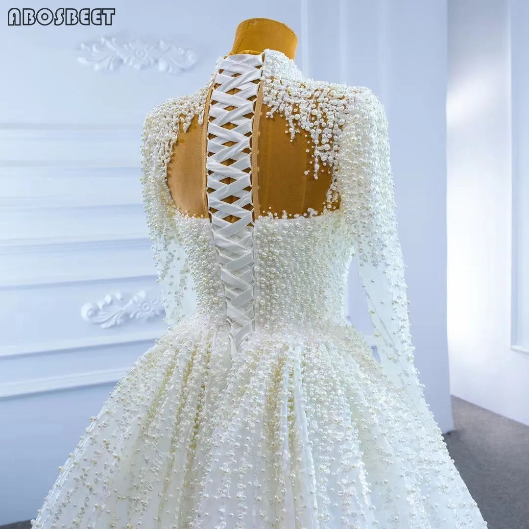 

Long Sleeve Wedding Dress 2021 Luxury Wedding Gown with Long Train Pearls Beads High Collar Vestido De Noiva Lace Up Back