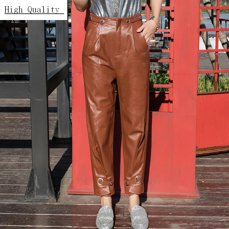 2020 коричневые зеленые брюки карандаш из натуральной кожи женские уличные в стиле