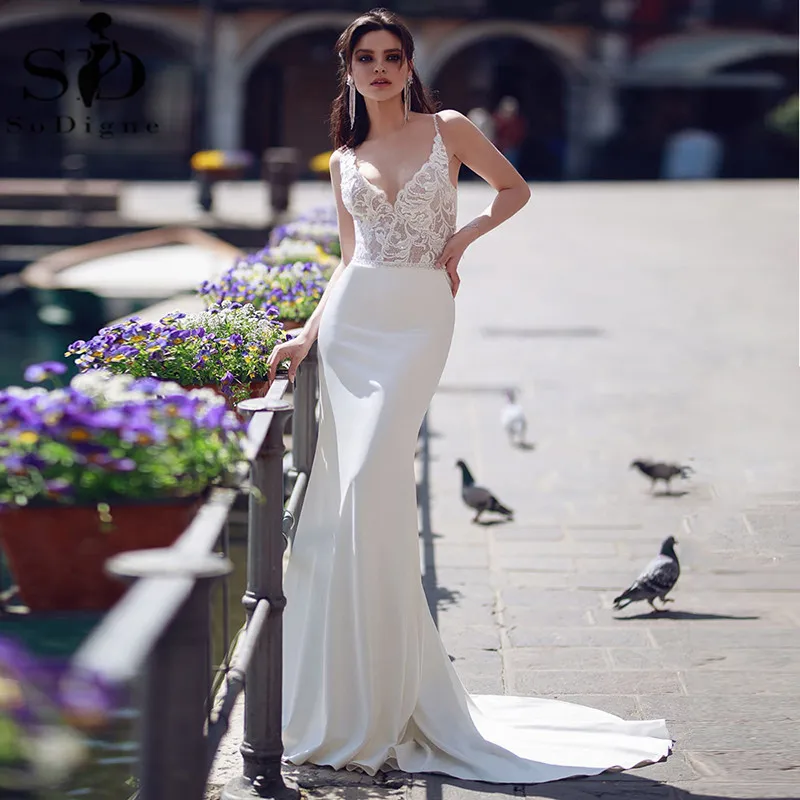 Купи SoDigne Boho Mermaid Wedding Dresses Sexy V-neck lace Applique Satin Bridal Gown Plus Size Wedding Party Dress за 5,284 рублей в магазине AliExpress