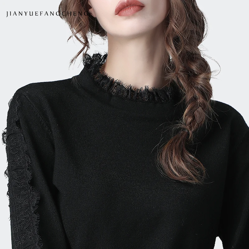 Модный женский черный свитер с кружевным воротником вязаный теплый